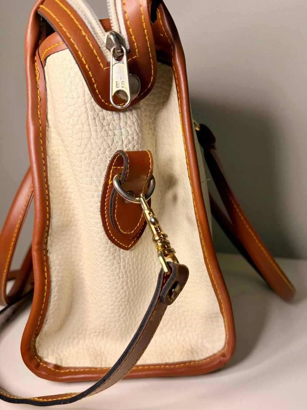 Vintage Dooney & Bourke Cream and Tan Pebble Leather Satchel and Crossbody Bag